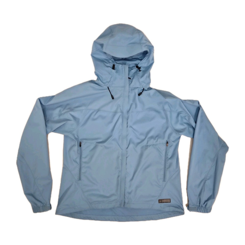 REI Windbreaker Rain Jacket Women's Light Blue Hooded Full Zip Jacket Size L